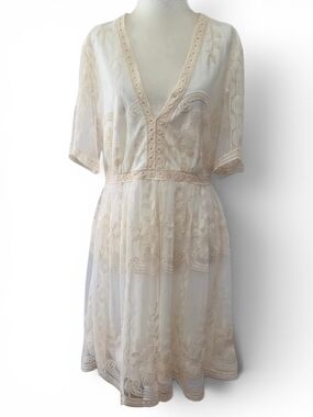 Haute Monde Cream Lace Embroidered V-Neck Dress